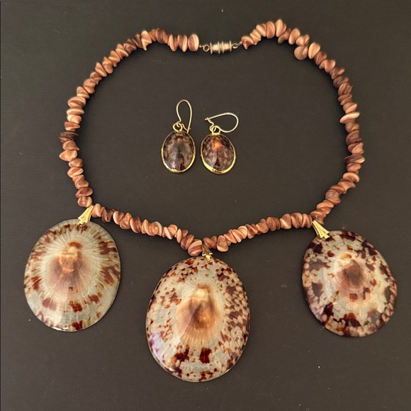 Jewelry - Vintage Brown and Tan Shell Necklace and Earring Set